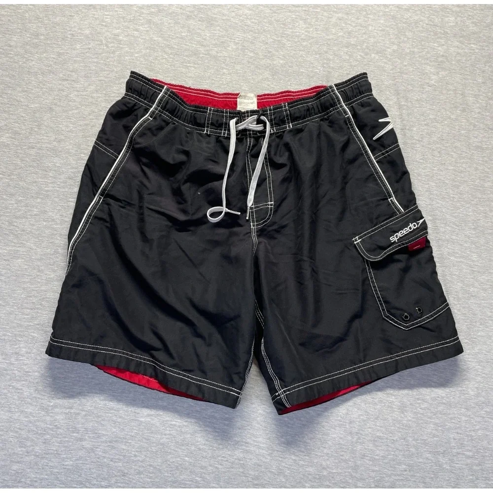 Speedo Trunks Shorts Mens M Black Cargo Pockets Swimwear White Seams Drawstring